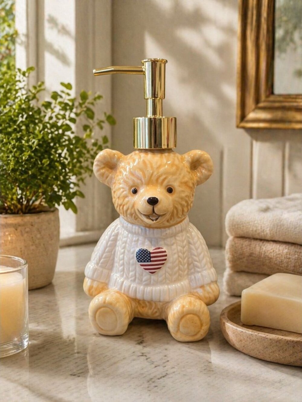 New Dabney Lee Teddy Bear Heart American Soap Dispenser Kitchen / Bathroom